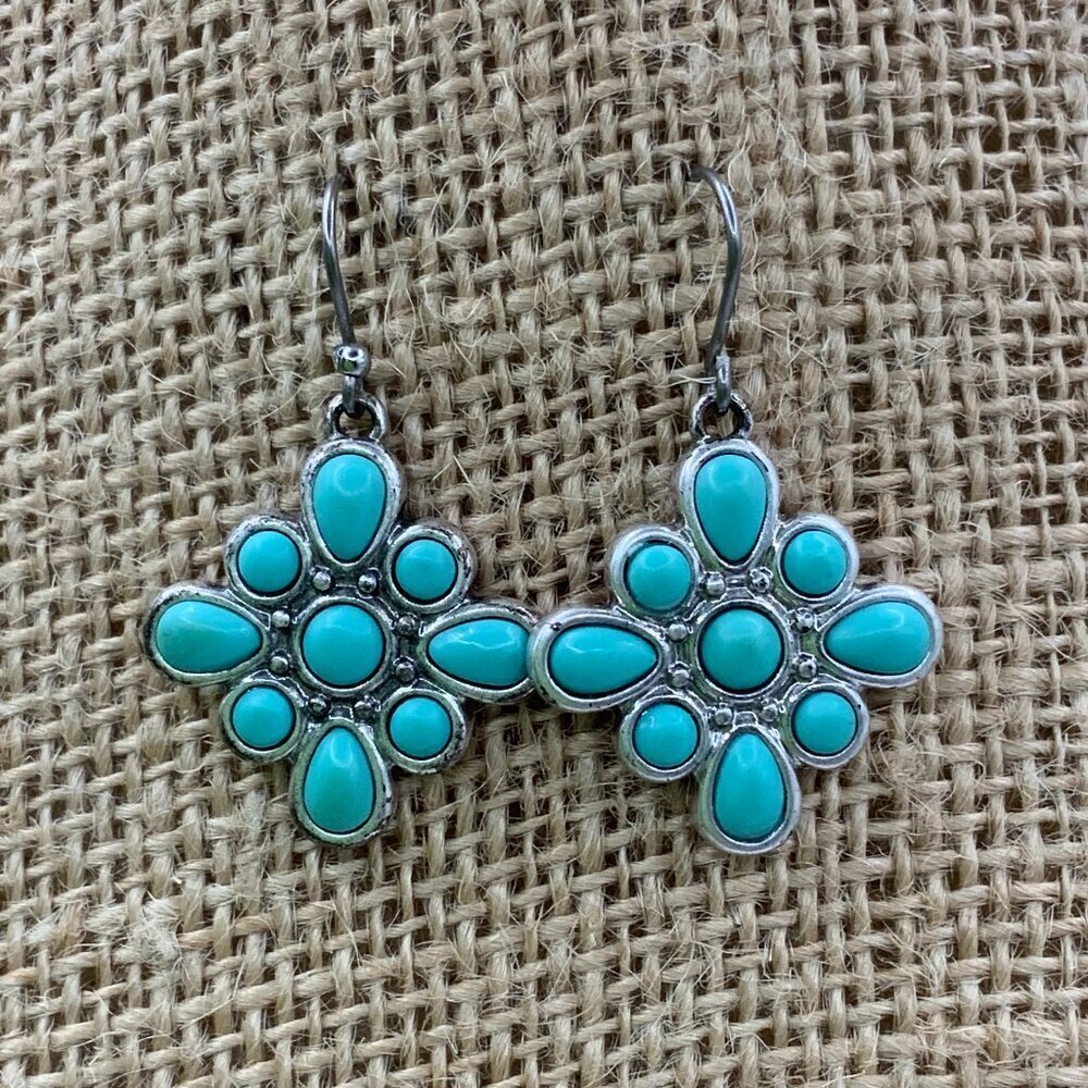 Lucky Brand Distressed Silver Tone Faux Turquoise Blossom Dangle Earrings - Picture 1 of 5